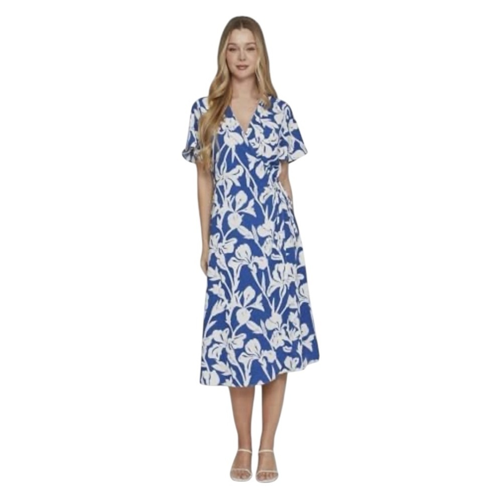 Women's (EU 34) XS Blue White Floral Vacation Midi Flowy Tropical Wrap Dress - Picture 4 of 7